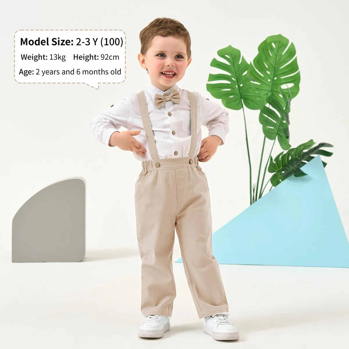Volunboy Baby Jungen Anzug, Kinder Leinen Langarm Hemd mit Fliege + Hosenträger Hosen 4 Stück Anzug