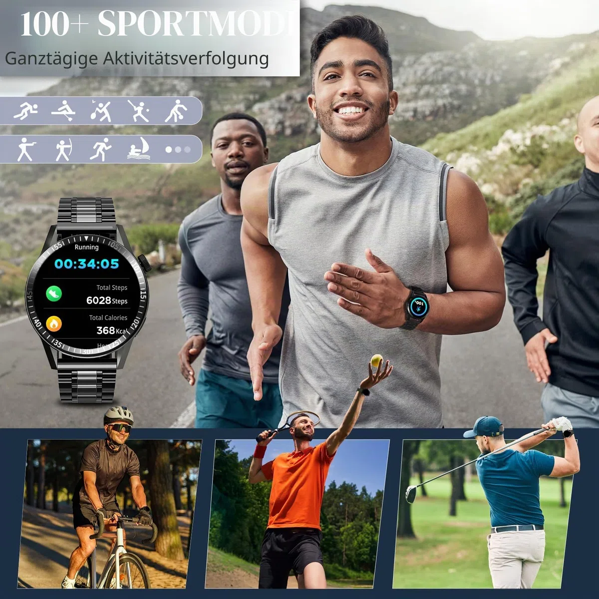 Smartwatch Herren mit 3 Uhrgürteln, Smartwatch mit Anruf-, Sprachassistent-und Nachrichtenfunktionen, Business-geeignet, über 100 Sportmodi, Sportuhr für Android und iOS, Schwarz