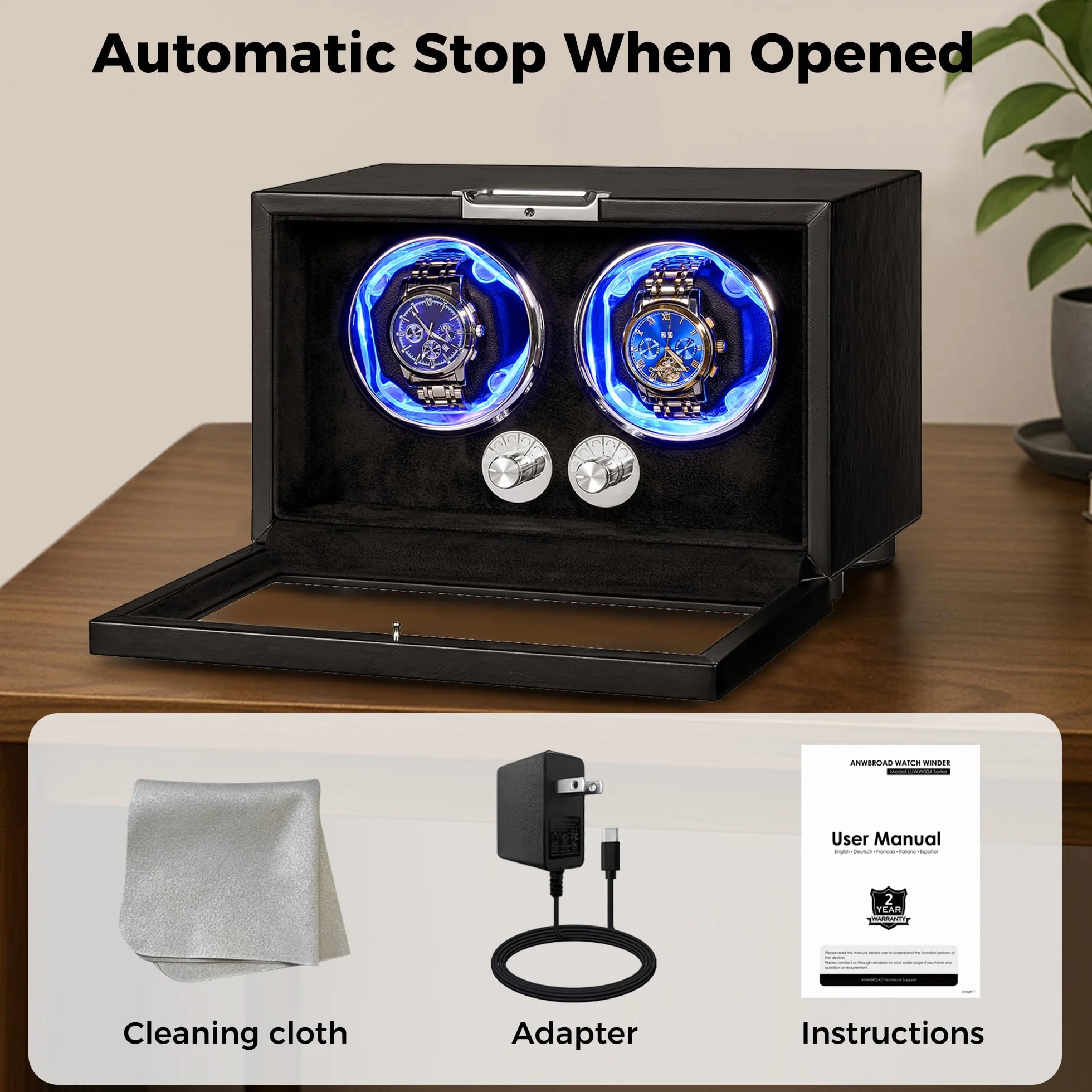 ANWBROAD Uhrenbeweger für Automatikuhren Doppel-Uhrenrotator mit LED und 4 Drehmodi Uhrendreher Superleiser Mabuchi-Motor Uhrenbeweger-Box mit Adapter Geschenk für Männer JWW004B