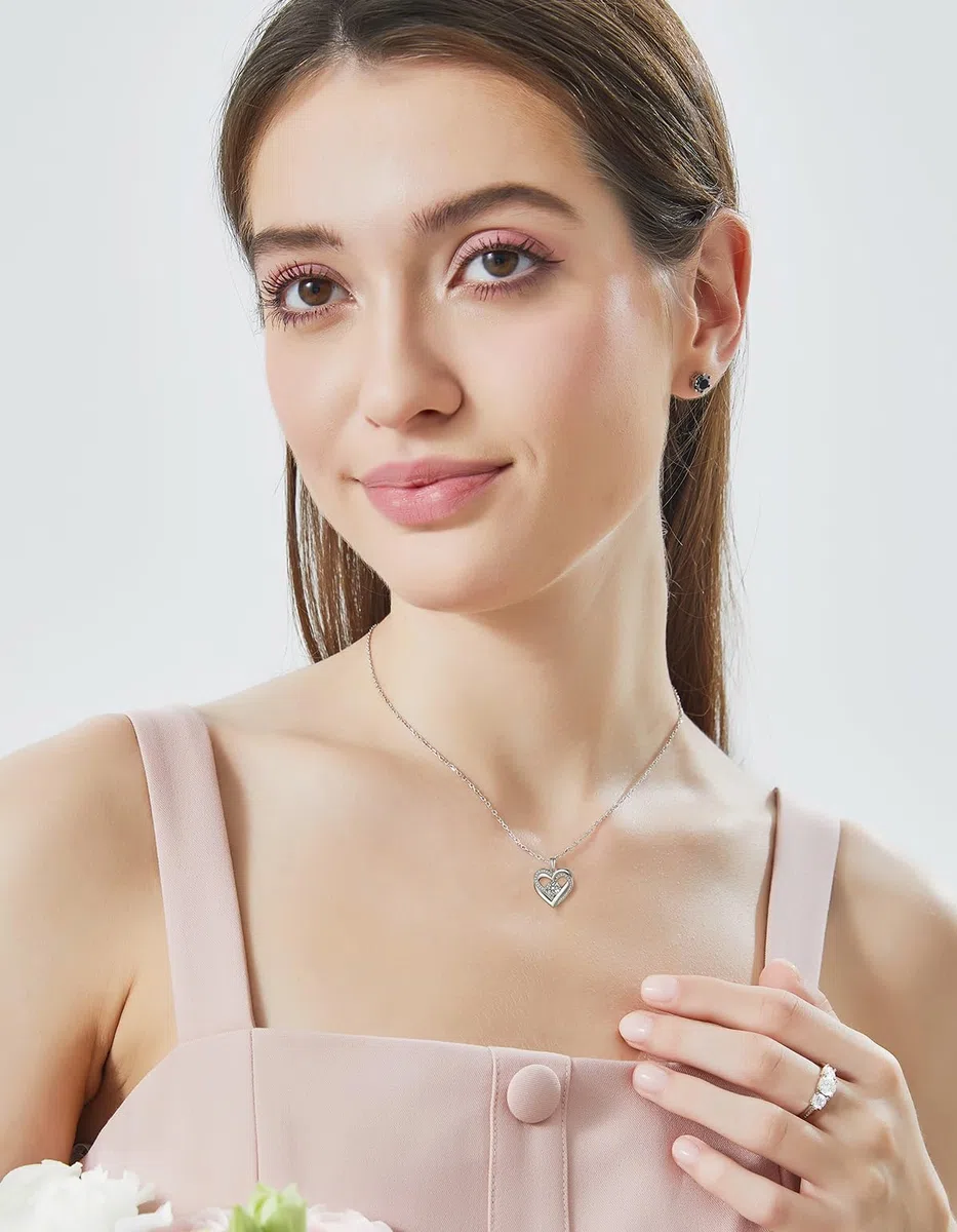 MomentWish Halskette Damen Silber 925, 1 Karat Moissanite Kette Diamant Silberkette mit Herz Anhänger Rosegold Schmuck Geschenk für Frauen Freundin Mama